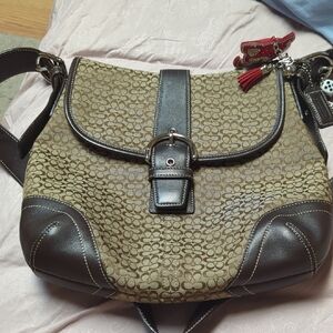 Coach Brown and Tan Signature Shoulder Bag